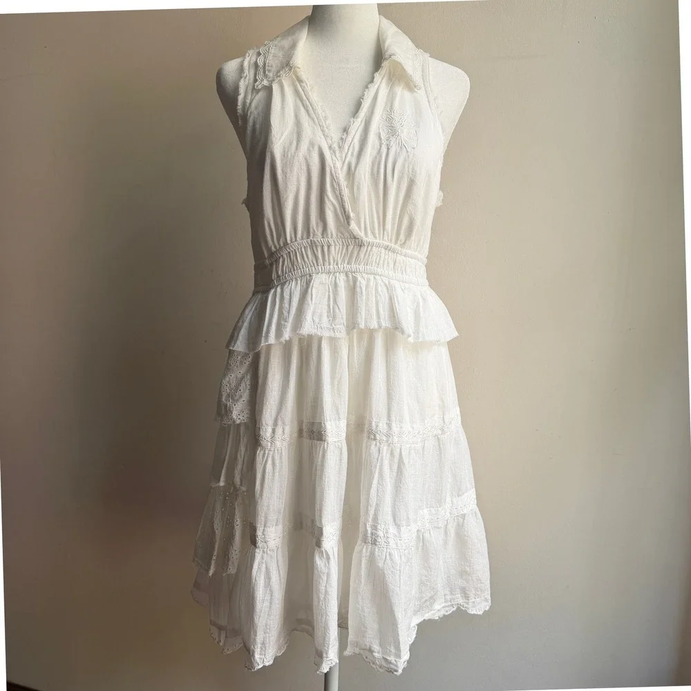 Anthropologie Women's White Summer Dress Tiered Ruffle Cotton Gauze Medium